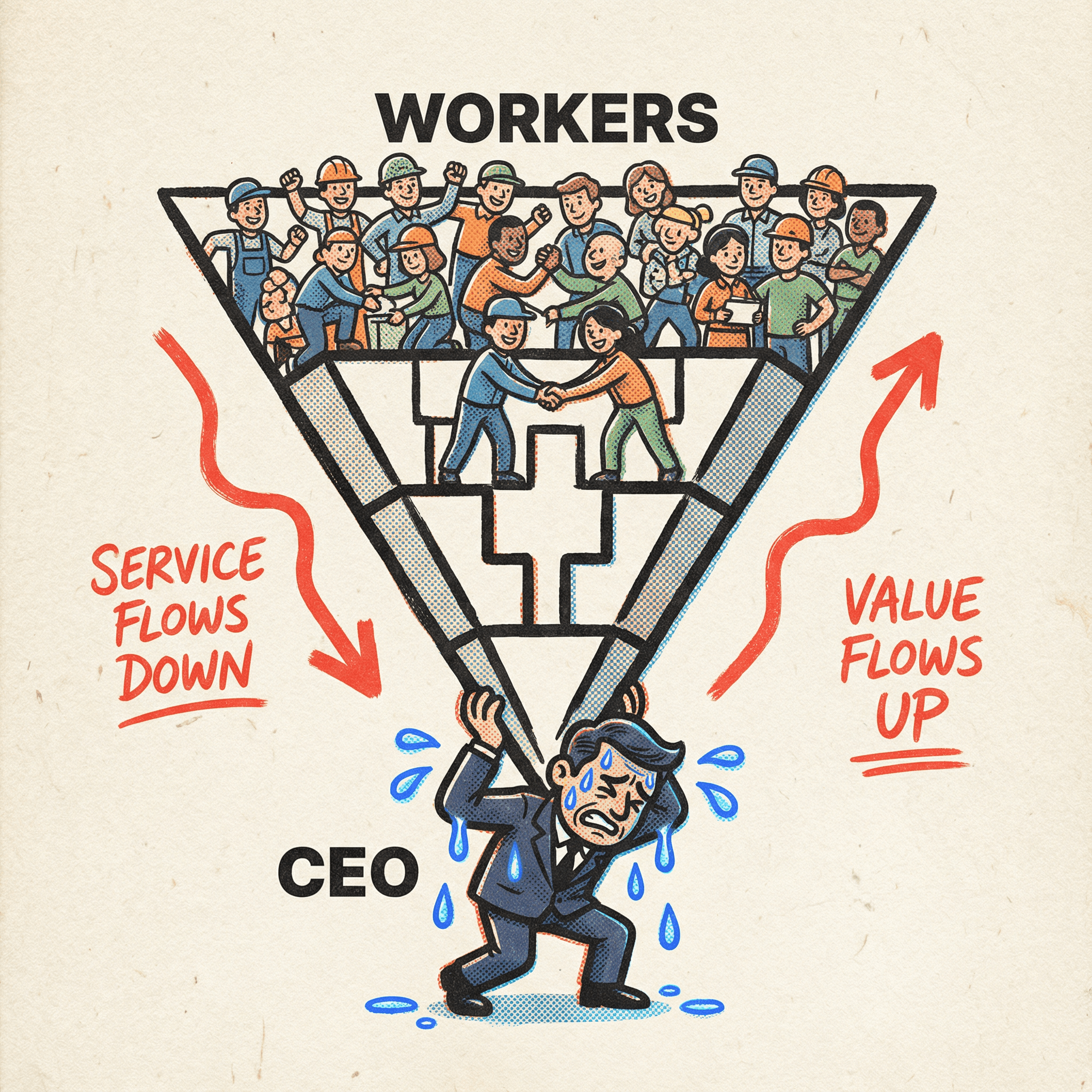 Diagram of the Inverted Pyramid Leadership Model showing the CEO at the bottom supporting the organization